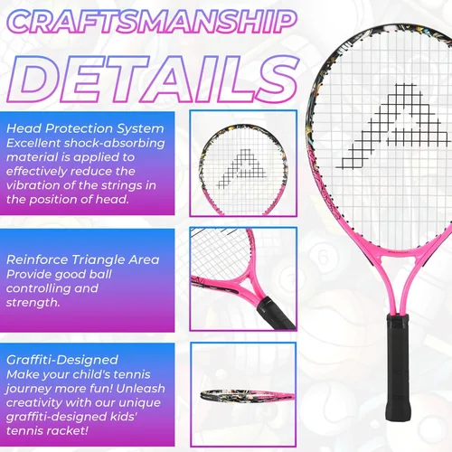 Miniatura 3 de AMA SPORT Raqueta de tenis para niños pequeños, kit de iniciación de raqueta de tenis de 17 a 25 pulgadas para niñas y niños con bolsa de nailon