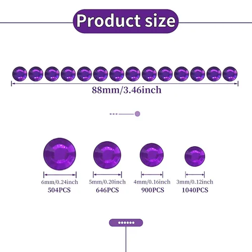 Miniatura 2 de 3090 calcomanías de gemas faciales para manualidades, autoadhesivas, color morado oscuro, joyas para el cabello con purpurina para la cara