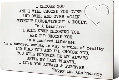 THRXOBN Tarjeta de regalo de primer aniversario para él, marido, tarjetas de aniversario para hombres, romántica tarjeta de metal grabada, regalos