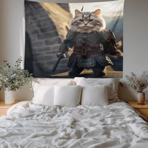 Miniatura 6 de Batmerry Cat In Armor Polyester Tapestry, Cat Armor Sword Warrior Battle Shield Lightweight Wall Hanging High-Definition Print Backdrop For Dorm