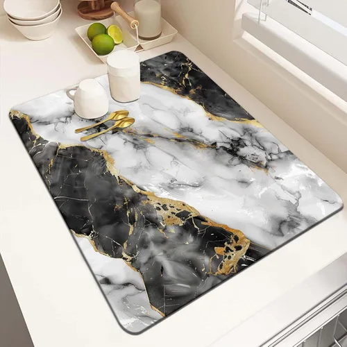 Miniatura 9 de MCALK Tapete de secado de platos negro mármol para encimera de cocina, almohadilla de secado de platos dorada con base de goma antideslizante