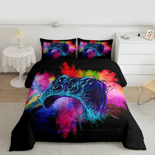 Miniatura 19 de Juego de edredón de videojuegos para niños, niñas y hombres, juego de ropa de cama con estampado de consola de videojuegos negro, decoración