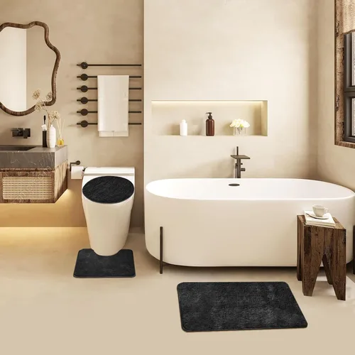 Miniatura 7 de MIFXIN Juego de 3 tapetes de baño antideslizantes suaves, tapetes rectangulares para el suelo + tapete de inodoro en forma de U + cubierta para tapa