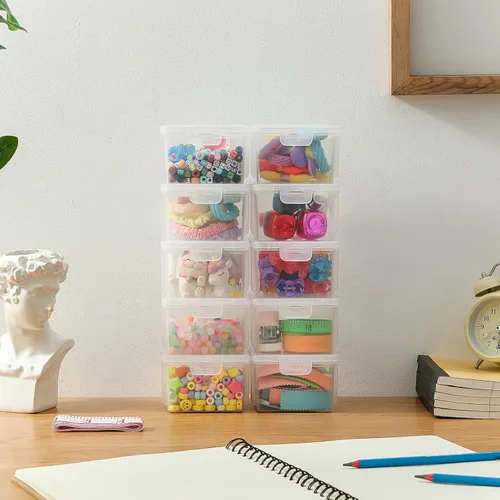 Miniatura 2 de Paquete de 10 cajas organizadoras de cuentas, pequeños recipientes de plástico transparente con tapas, almacenamiento de manualidades para cuentas