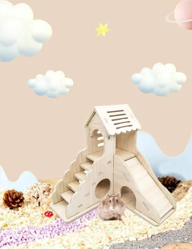 Miniatura 5 de Accesorios de jaula de escondite para hámster Sirvarni - Casa y hábitat de hámster en madera con cabaña oculta, escalera para escalar y tobogán
