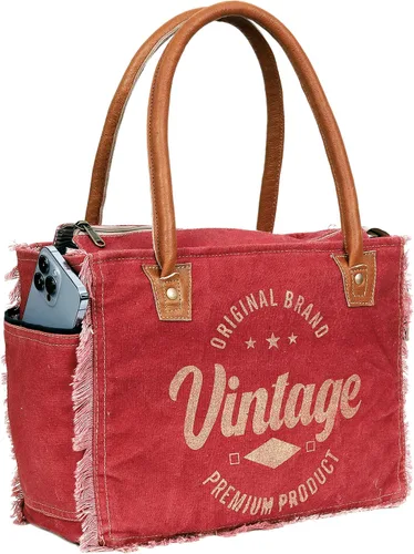 Bolso de lona para mujer, bolso de hombro con asas de cuero, bolso de playa, bolso, viajes y uso diario (estampado vintage, rojo, 13 x 10 pulgadas)