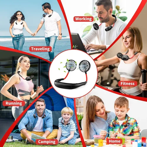 Miniatura 4 de RJVW Ventilador de cuello portátil, manos libres, para colgar en el cuello, ventilador deportivo USB recargable (3 velocidades ajustables)