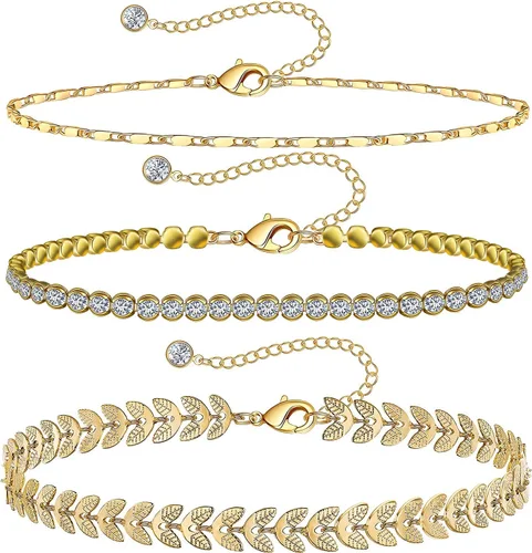 WeSparking - Tobilleras chapada en oro de 14 quilates para mujer, plata tenis, cuarzo rosa, cuentas cruzadas, cadena de clip de serpiente, circonita