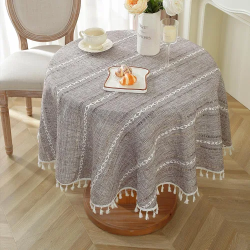 Miniatura 10 de meioro Mantel rústico, mantel rectangular de algodón texturizado de lino con borla, mantel de tela resistente para granja con bordado de rayas