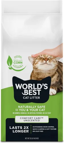 WORLD'S BEST CAT LITTER Comfort Care sin perfume, 32 libras, ingredientes naturales, aglutinación rápida, desechable, 99% libre de polvo y fabricado