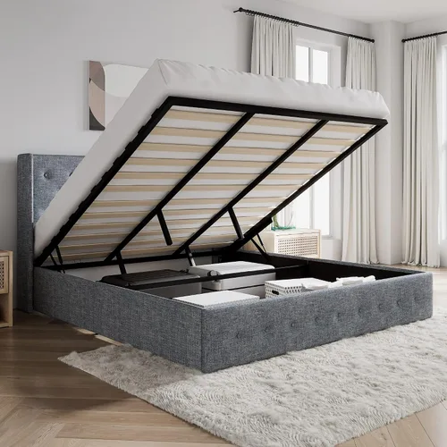 Miniatura 10 de SHA CERLIN Base de cama tamaño queen con almacenamiento elevado, cabecero abatible con botón, plataforma tapizada, almacenamiento hidráulico, Beige