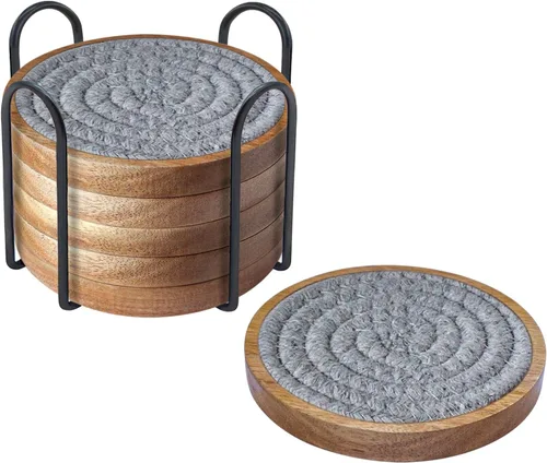 Miniatura 16 de Eykao Paquete de 5 posavasos absorbentes para bebidas, posavasos tejidos de 4.3 pulgadas para mesas de café, posavasos de madera para protección