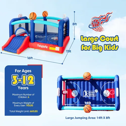 Miniatura 3 de Castillo inflable inflable de baloncesto para niños grandes de 8 a 12 años, extra grande de 16 pies x 13 pies, con tobogán y aros dobles y área