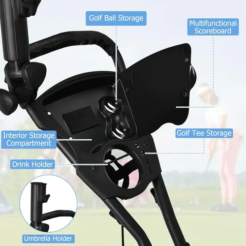 Miniatura 4 de Tangkula Carrito de golf de empuje, carrito de empuje plegable de aluminio ligero de 3 ruedas, carrito de golf con correa elástica, paraguas