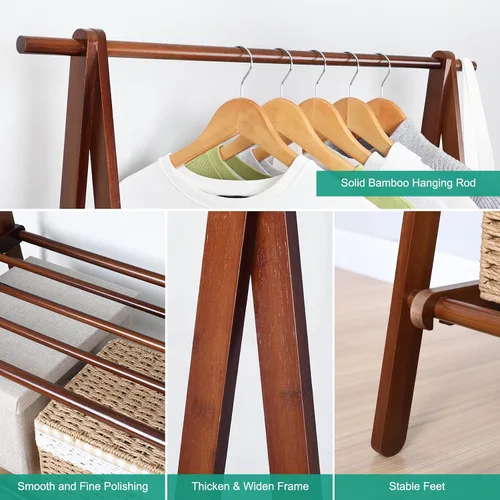 Miniatura 5 de Jotsport Perchero de bambú plegable para colgar ropa con estante de almacenamiento de 2 niveles para lavandería, habitación de invitados