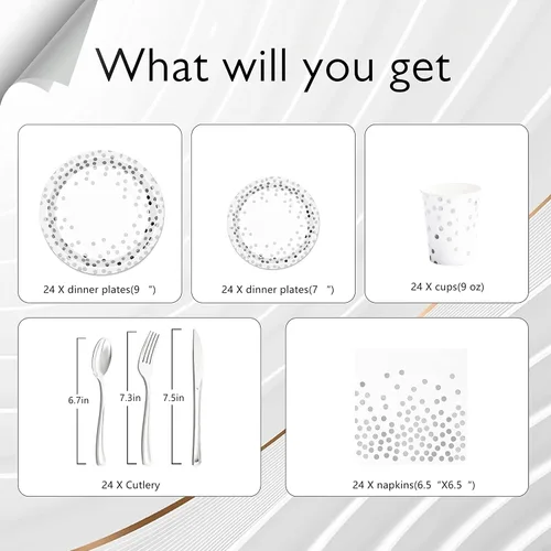 Miniatura 3 de Platos de papel plateado y servilletas para fiestas, platos blancos y plateados para 24, 168 piezas de decoraciones de fiesta plateadas para boda