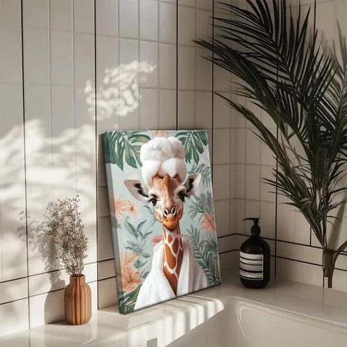 Miniatura 7 de Conjunto de 3 divertidos cuadros de animales para baño, lindas pinturas de jirafa leyendo el periódico, arte en lienzo de batas botánicas eclécticas