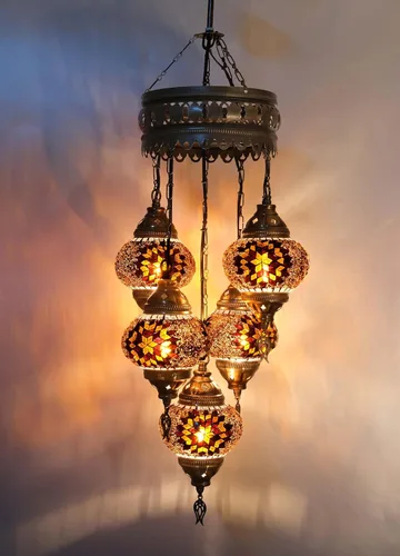 Miniatura 9 de Asylove Candelabros turcos de 5 globos, lámpara colgante de mosaico, iluminación de techo marroquí Art Deco de 5 globos, 5 pulgadas de altura total