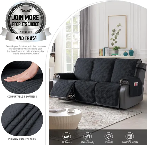 Miniatura 2 de TAOCOCO Funda impermeable 100% impermeable para sofá reclinable de 3 asientos, funda de sofá reclinable dividida de 3 piezas con correas, funda Negro