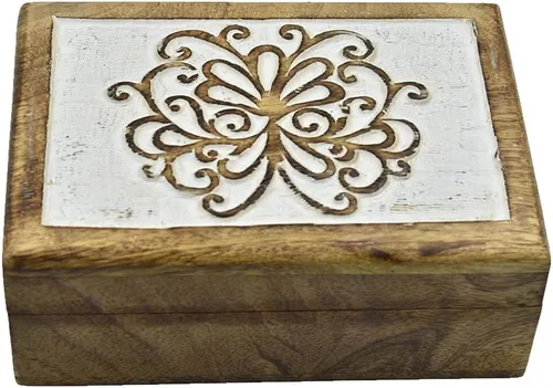 STORE INDYA Caja decorativa de madera tallada a mano con tallado geométrico en la parte superior Caja del tesoro organizador de joyas, caja de