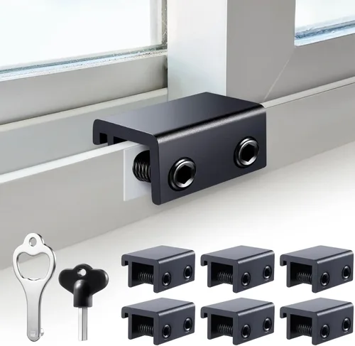 Cerraduras de ventana corredizas (6 juegos), cerraduras de ventana de seguridad con llaves, topes de ventana corredizas de aluminio ajustables, Negro