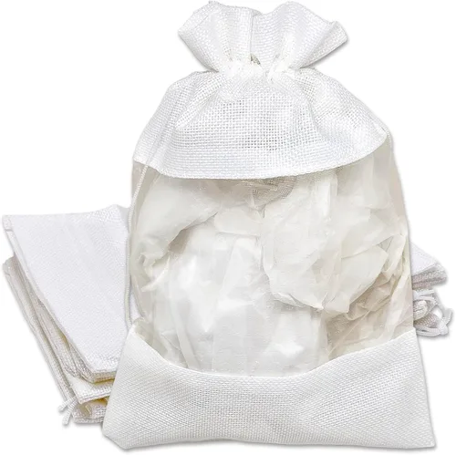 Paquete de 12 bolsas de regalo extragrandes de lino, arpillera y organza con cordones (7.5x11.5 pulgadas, blanco) - Bolsas de malla para recuerdos