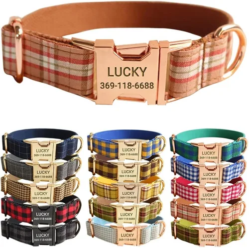 Miniatura 13 de PETDURO Collar de Perro a Cuadros Personalizado Verde Manzana - Nombre y Número de Teléfono Grabados en Hebilla de Metal Oro Rosa - Personalizado