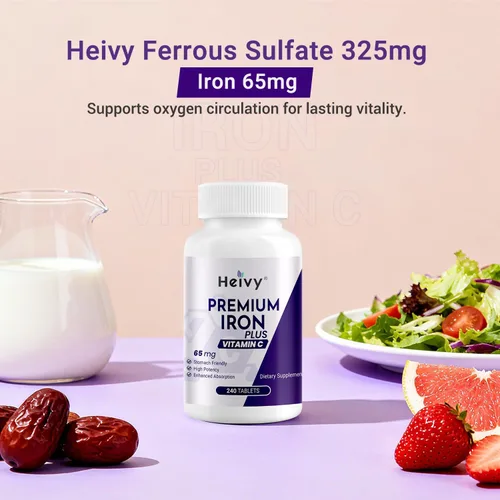 Miniatura 7 de Heivy Sulfato ferroso 325 mg, hierro 65 mg, hierro con vitamina C – Suplemento de hierro de alta potencia para mujeres y hombres – Ingredientes