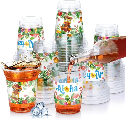 Blulu 60 tazas Tiki para fiesta, hawaiano, Luau, vasos de plástico desechables Aloha Tiki, suministros de plástico para bebidas hawaianas Luau