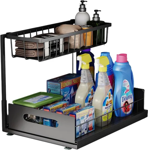 Organizador para debajo del fregadero, estante de almacenamiento extraíble de 2 niveles, organizador de metal resistente al óxido para cocina, baño,
