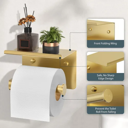 Miniatura 4 de Portarrollos de papel higiénico con estante, montaje en pared adhesivo o con tornillos, portarrollos de papel higiénico para baño, dispensador