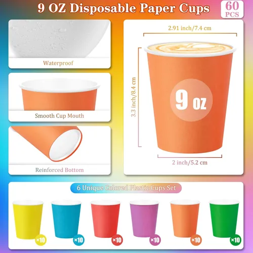 Miniatura 2 de KesaPlan 60 vasos de papel desechables de 9 onzas, vasos de plástico para fiestas, vasos de papel arcoíris, 6 colores para bebidas frías calientes