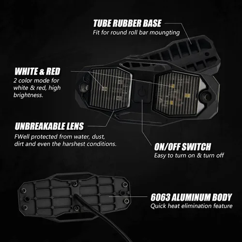 Miniatura 4 de OPP ULITE Switch UTV - Luz LED Doom de 6 unidades, blanco y rojo, 6 unidades, montaje en barra enrollable universal para interior de automóvil