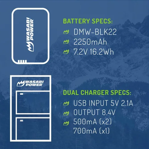 Miniatura 3 de Wasabi Power Batería (paquete de 2) y cargador de batería dual USB-C para Panasonic DMW-BLK22 y Panasonic Lumix G9 II, GH5 II / GH5M2, GH6, GH7, S5