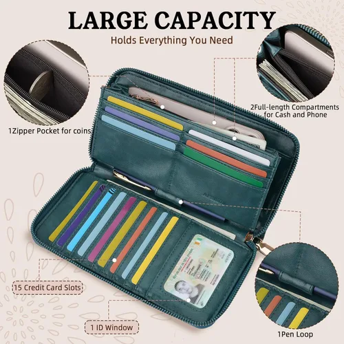 Miniatura 3 de APHISON Billetera para mujer, gran capacidad, monedero, tarjetero, RFID, pulsera, teléfono, cremallera, moneda, bolsillo de viaje azul