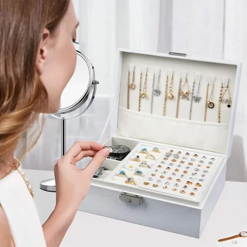 Miniatura 5 de Bailinna Joyero organizador para mujeres y niñas, 2 capas, organizador de joyas de piel sintética, soporte de joyería con candado, bandeja extraíble