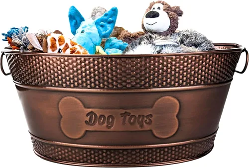 BREKX Caja de juguetes para perros indestructible de metal - Caja de almacenamiento galvanizada de cobre con asas, organizador de almacenamiento
