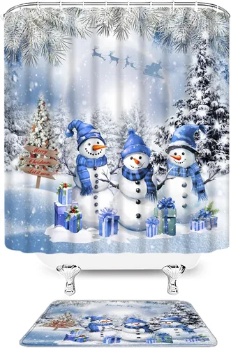 Miniatura 15 de Juego de 4 cortinas de ducha de muñeco de nieve con alfombra, diseño de árbol de pinos de invierno, lindo muñeco de nieve azul, juego de baño