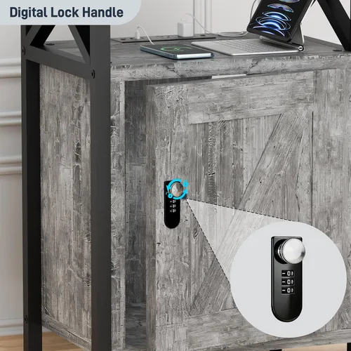 Miniatura 8 de runjuly Mesita de noche de madera con cerradura, mesa auxiliar de cama con cajones, mesita de noche con estación de carga, 3 USB y 2 tomas, mesita