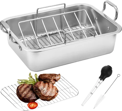Asador rectangular de acero inoxidable de 15 pulgadas con estante en forma de V y tostador de pavo, tostador rectangular para pavo, pollo, verduras,