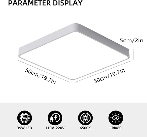Miniatura 4 de Ganeed luces de techo LED de 19.6 pulgadas, lámpara de techo LED de montaje empotrado cuadrado de 39W, 6500K, lámpara de techo de luz diurna, Blanco