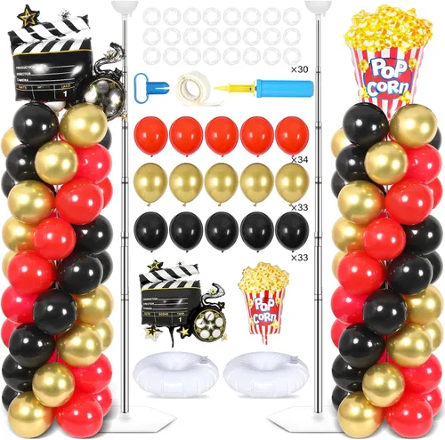 Juego de 2 soportes de columna de globos nocturnos de película con 102 globos de aluminio de palomitas de maíz, soporte de torre ajustable de 5.57
