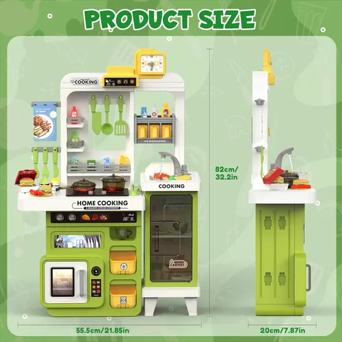 Miniatura 4 de Juego de cocina para niños, 68 piezas, juego de cocina para niños pequeños de 1-3, 3-5, cocina de juego de 32.2 pulgadas con pulverización, luz