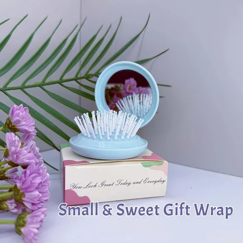 Miniatura 5 de Juego de cepillo de pelo y espejo de viaje para mujeres, cepillo plegable con espejo compacto para bolso o mochila, lindo regalo azul bebé