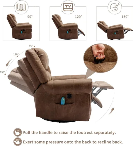 Miniatura 3 de Sillón reclinable giratorio manual con calor y vibración, mecedora giratoria de 360°, sillas reclinables ergonómicas para masaje con bolsillos