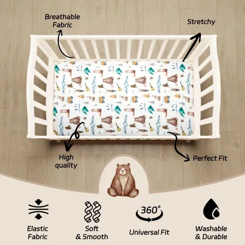 Miniatura 5 de Juego de 4 sábanas ajustables unisex para cuna, diseño de animales del bosque del bosque, de madera, neutro, para bebés, niños o niñas, bosque