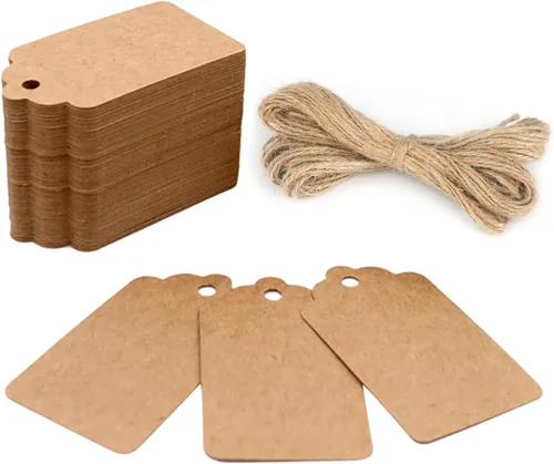 100 etiquetas de precios G2PLUS de papel de estraza, con una cuerda marrón e ideales para empaques, manualidades, bodas, Navidad, Día de Acción de