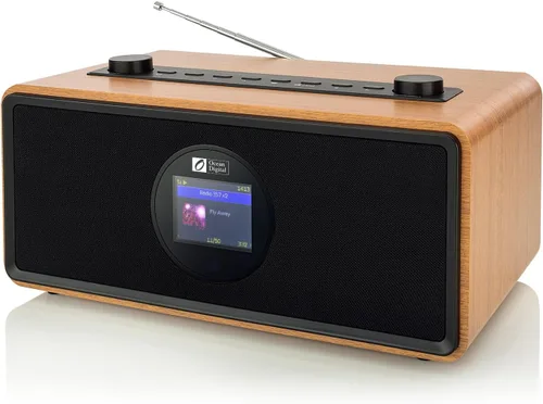 Ocean Digital WR-860 FM Radio de Internet Wi-Fi con altavoces estéreo, reloj despertador, temporizador de sueño, salida de línea, entrada auxiliar,