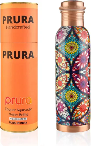 Miniatura 19 de Botella de agua de cobre con estampado puro, a prueba de fugas, recipiente de cobre ayurvédico para deportes, gimnasio, aire libre, yoga, beneficios