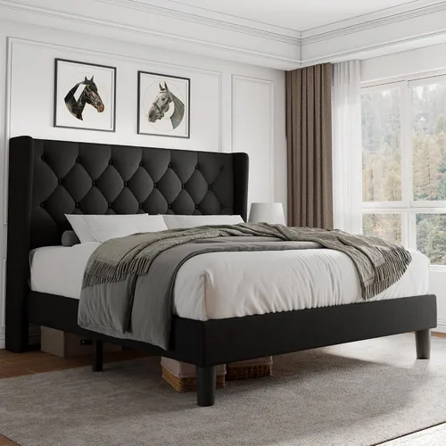 Miniatura 11 de iPormis - Base de cama tapizada de tamaño completo con cabecera capitonada con botones, base de cama tapizada con listones de madera sólidos, 20 cm